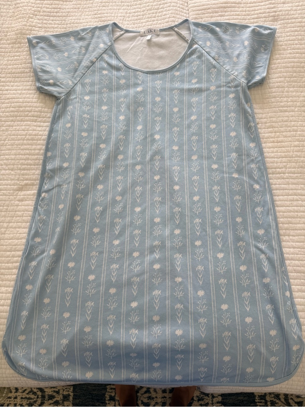 LAKE Light Blue Floral-Stripe Short Sleeve Pima Nightgown